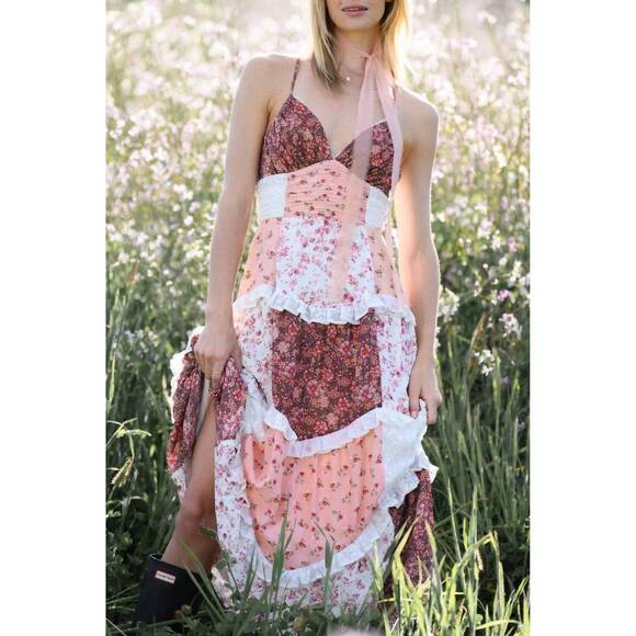NEW ROSA CLOTHING parfait patchwork tiered floral maxi dress in pink - Picture 3 of 5